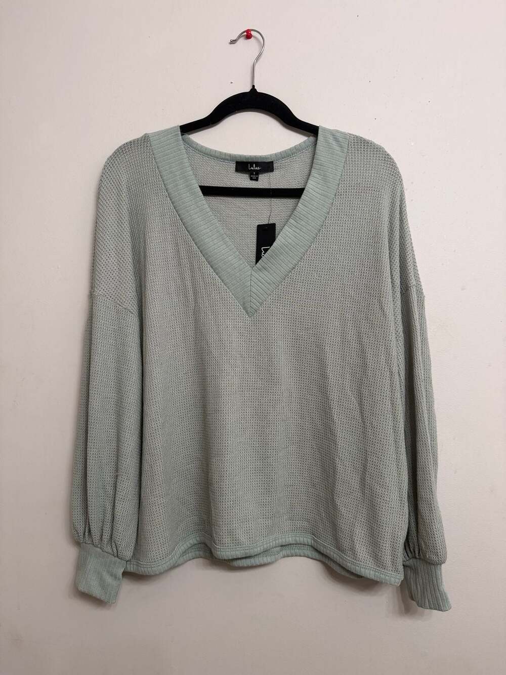 Lulus Waffle Knit Top V-Neck Sage Green Small NEW